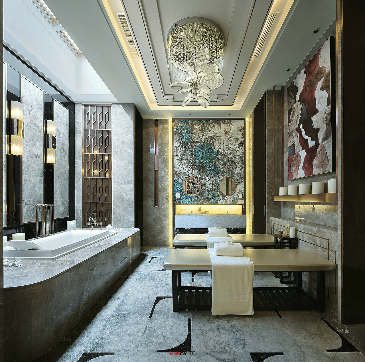 卫浴空间功能强大，表现出中式文化的内敛与婉约，干湿分离规整有序。