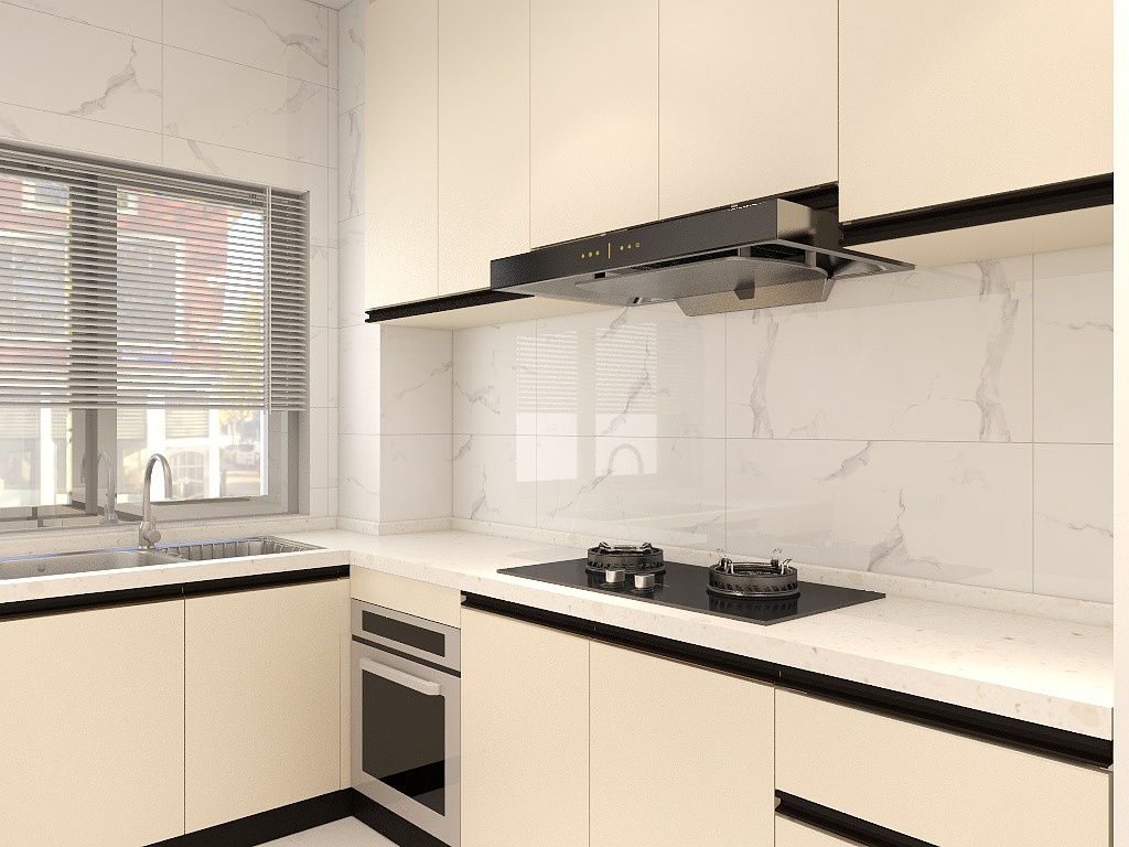 米白色橱柜提升了厨房空间洁净程度，搭配白色工作台和背景墙，提高了厨房的整体颜值。