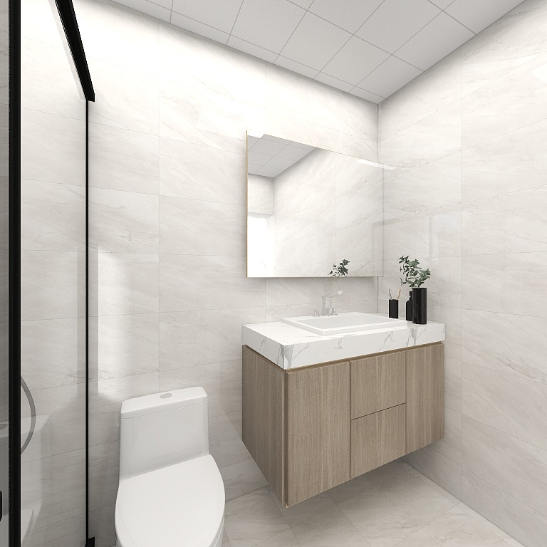 卫生间以灰白色为主基调，白色洁具、明镜、洗手池，使整个空间透露出清雅的气息。