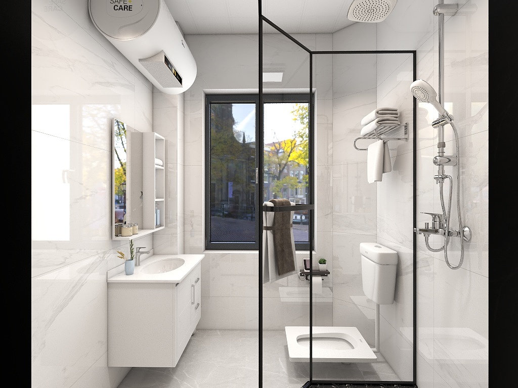 卫浴空间以白色为主，采用玻璃进行干湿分离，使用起来简洁雅致，占用空间少。