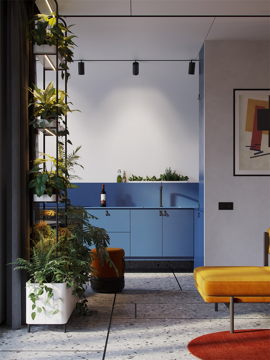 厨房整体以蓝色为主色调，动线流畅，细节精致，将北欧的恬静散发得淋漓尽致。