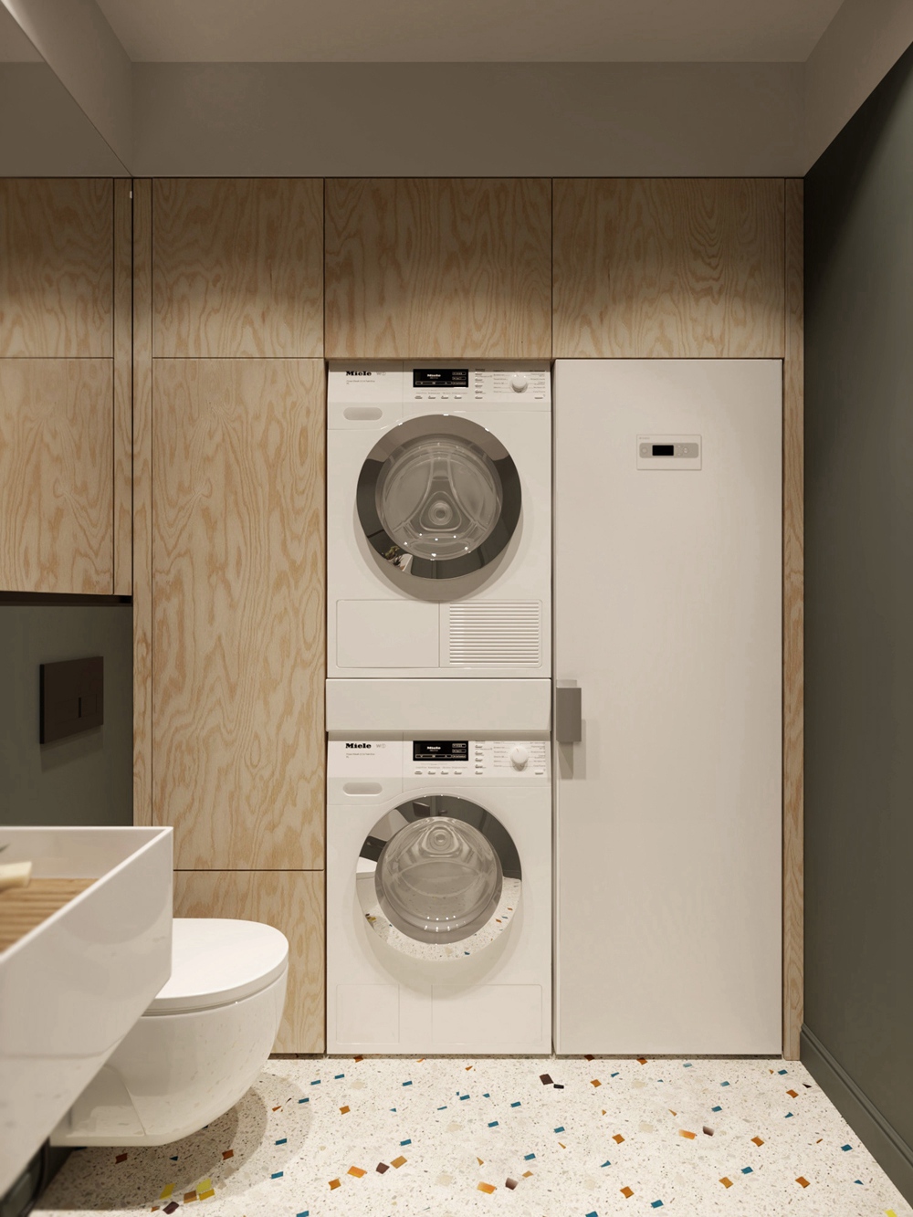 木质元素赋予空间柔和的滤镜，嵌入式洗衣机与整体色调呼应，营造出主人对品质的追求。