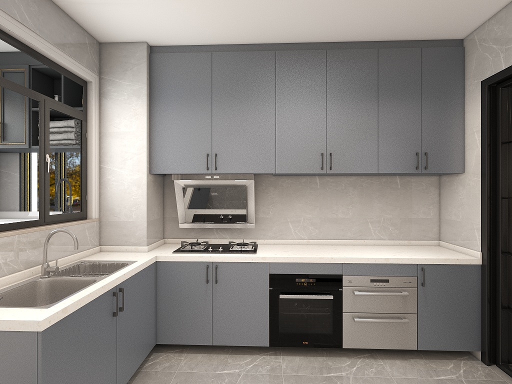 厨房设计看起来舒适清新，上下层橱柜保持一致色调，使整个空间特别通透敞亮。