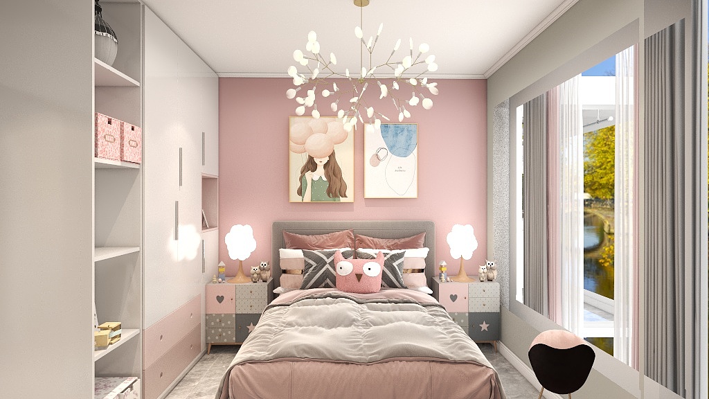 粉色系背景墙带来公主气质，童趣饰品增添室内温馨感，符合女孩的个性。