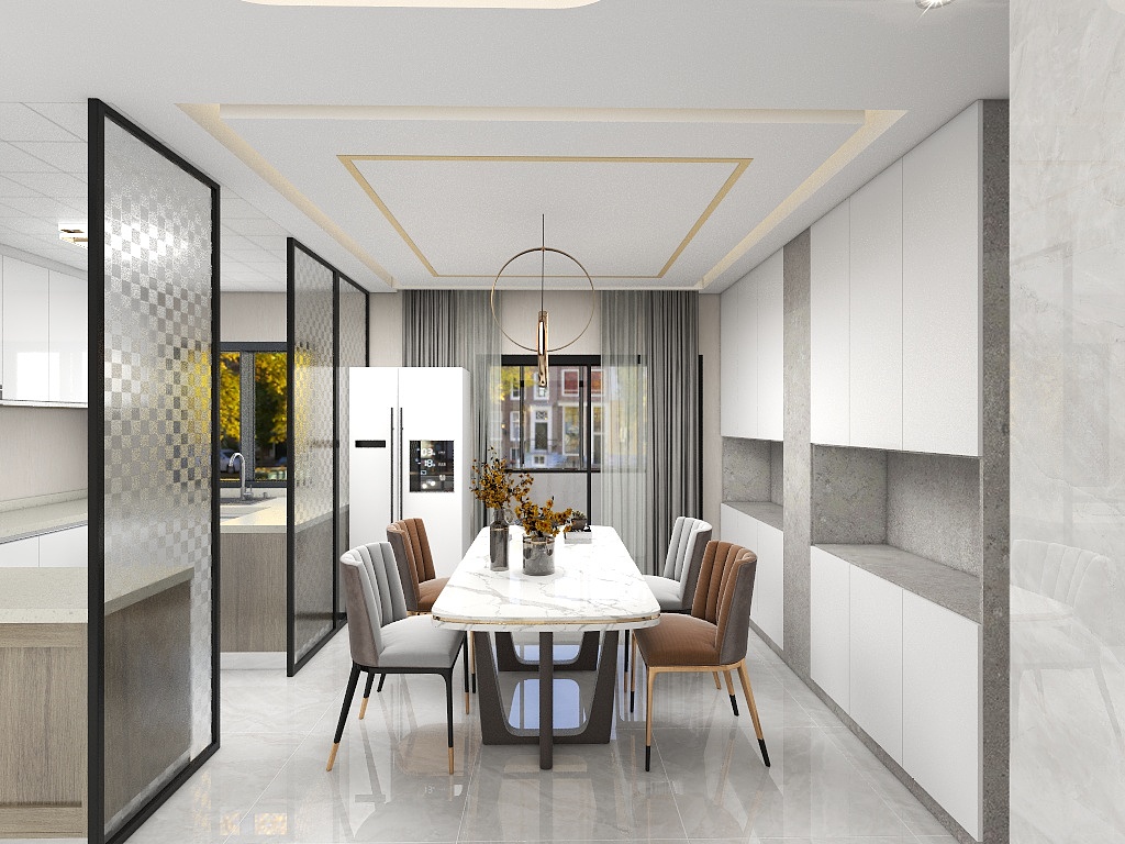 灰色和白色相间的空间色调设计，餐椅成为空间点缀，促进了整体空间的和谐统一。