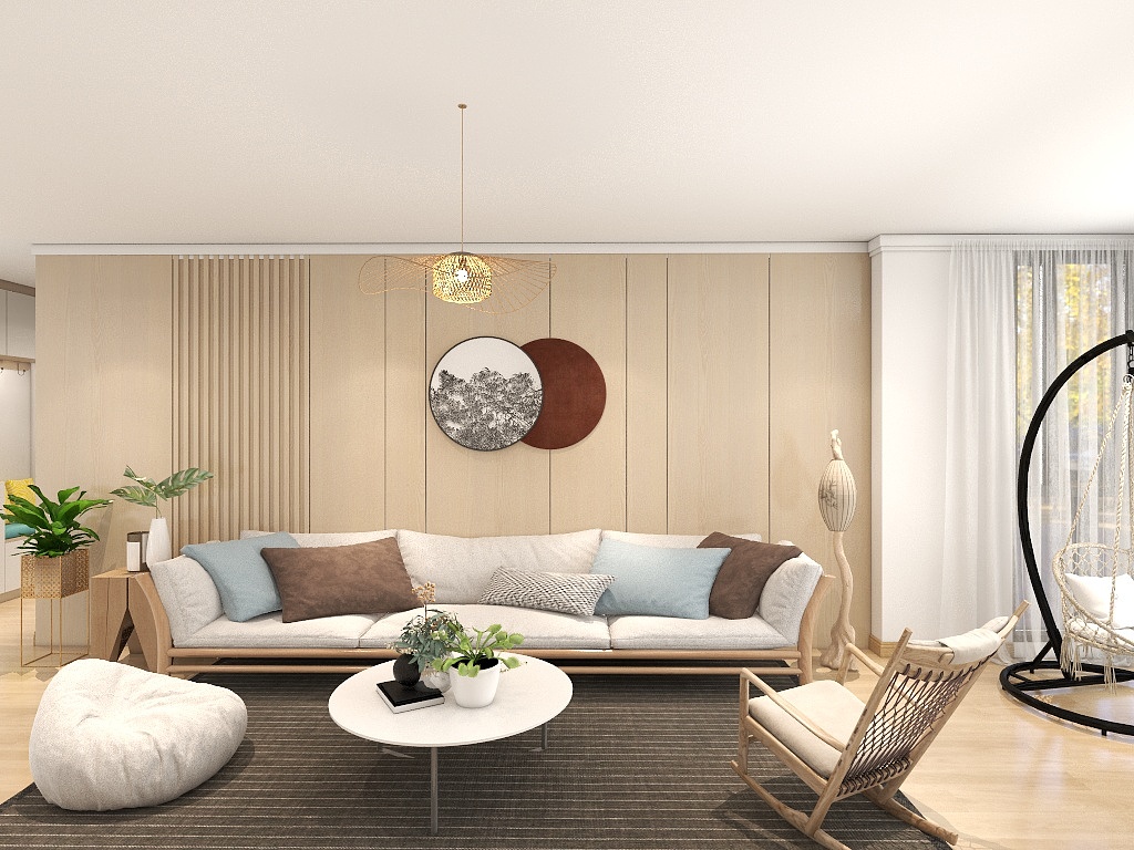 客厅选用原木+布艺沙发进行设计，白色沙发搭配亮色抱枕，给本来“冰冷”的环境添上一抹生机。