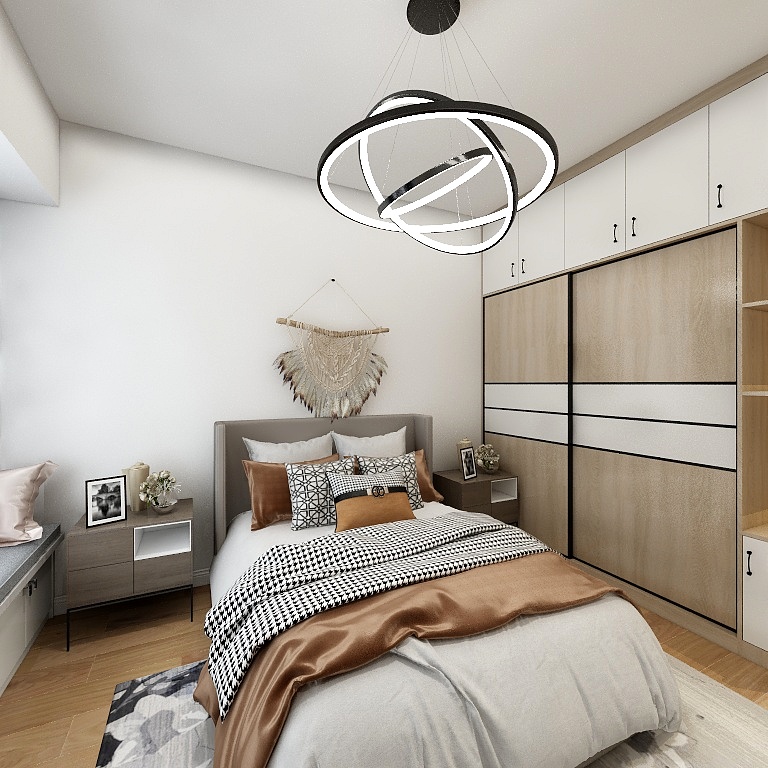 床体选用温暖的咖色，两边的简洁的床头柜和衣柜更好的装饰了墙面，飘窗对空间进行了拓展。