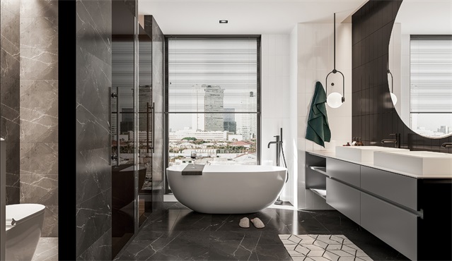 卫生间采光效果较好，白色浴缸在米色背景下，优雅大气，凸显主人精神上的愉悦和宁静。
