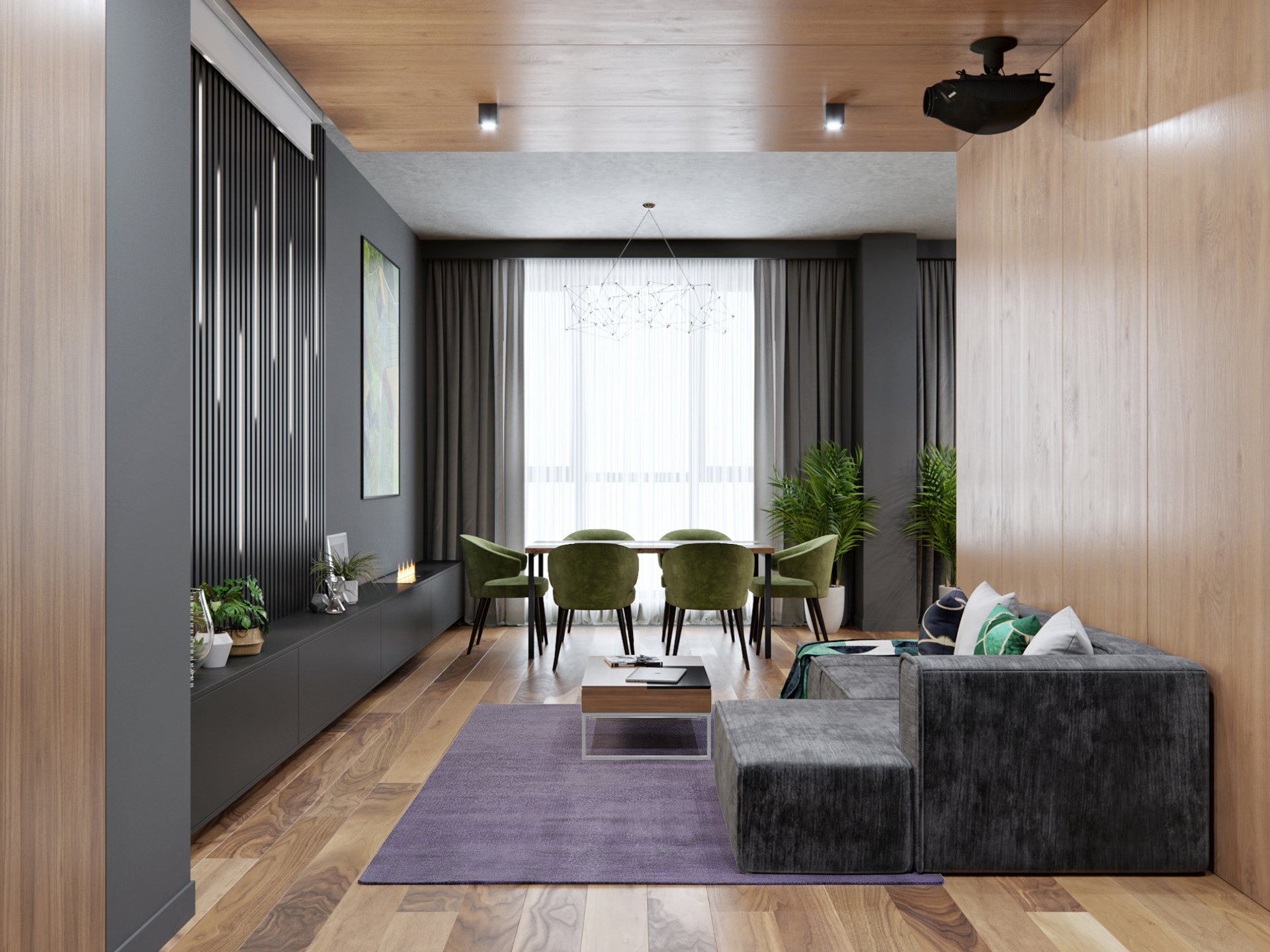 木质调与灰色调的碰撞令客厅质感轻盈，充足的光线赋予了空间明亮感与大气感。
