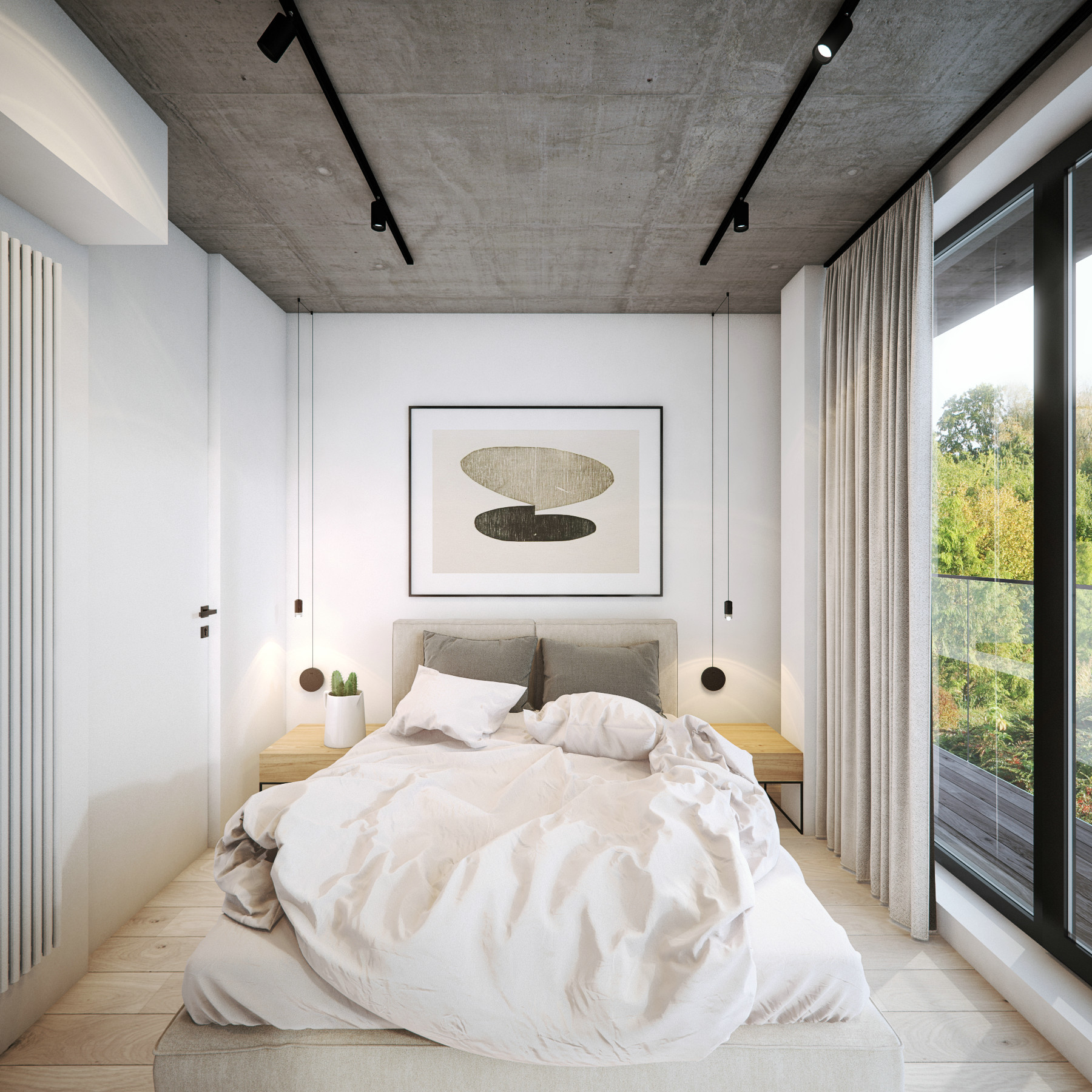 侧卧采用白色和木色搭配，无吊顶设计提升了空间立体感，使空间更具张力。