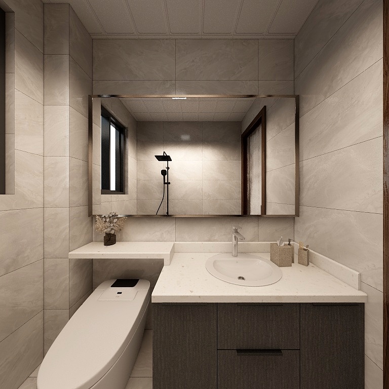 卫生间以米色为主基调，流畅地表达出利落氛围，洁具的品质感与设计感油然而生。 