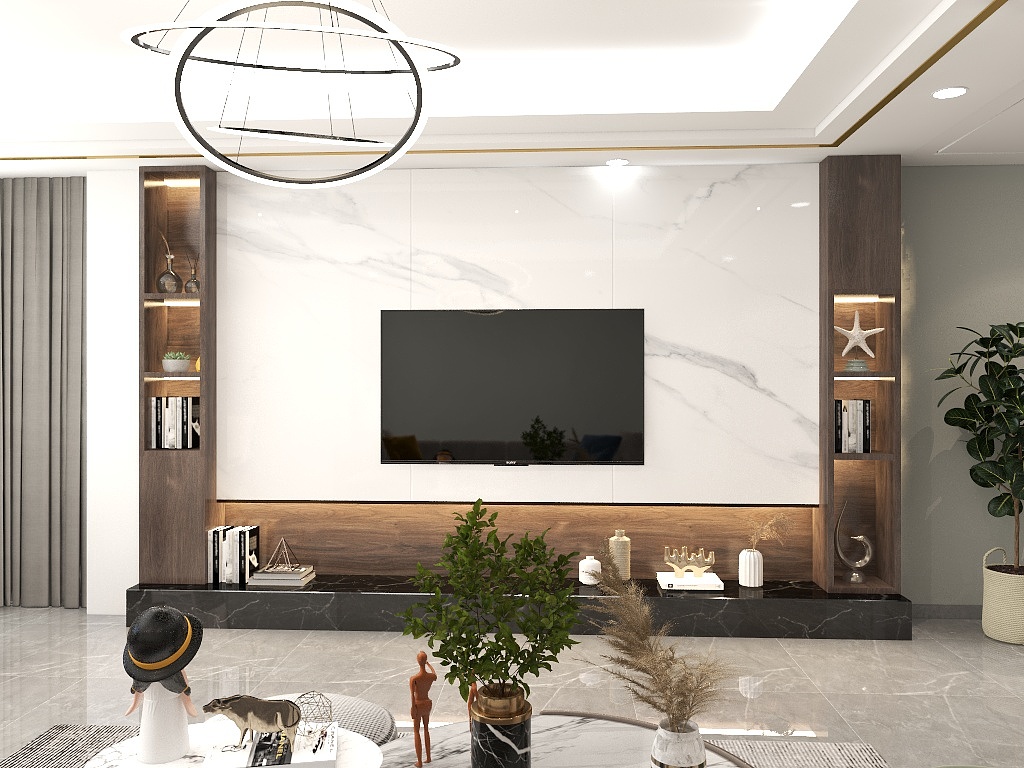 电视机背景墙设计素雅，直白空间被干净的线条修饰，营造出祥和宁静的氛围。