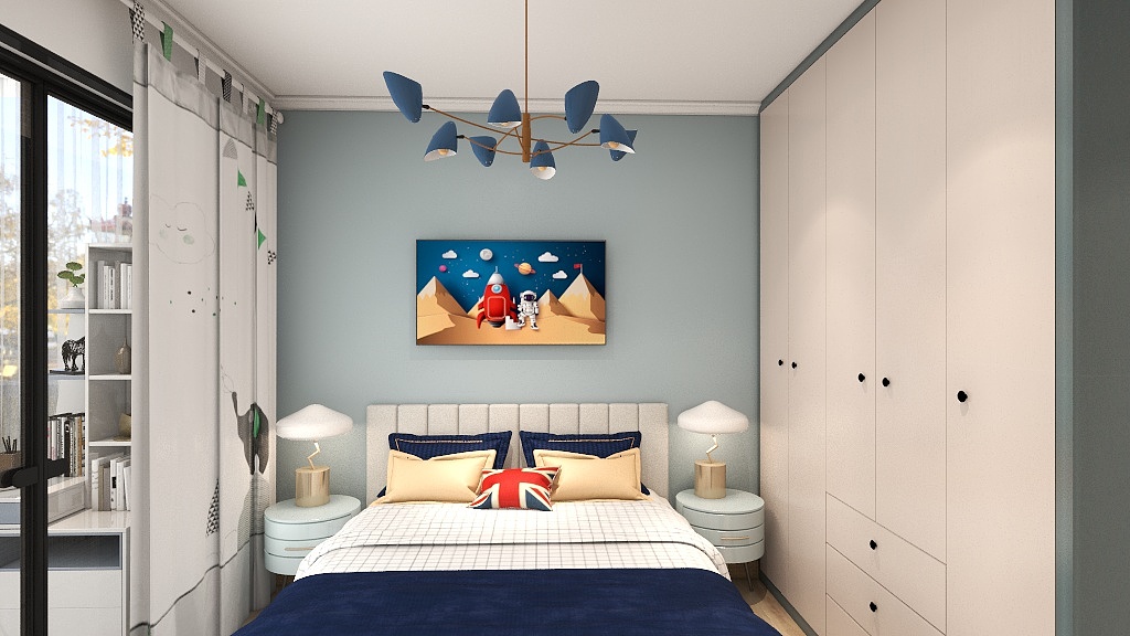 儿童房以蓝色为主基调，顶墙白色衣柜增添大气和时尚感，吊灯烘托室内氛围。