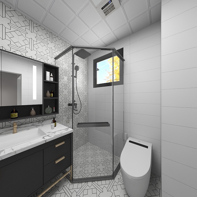 卫生间使用了干湿分离设计，花色背景墙和地砖相辅相成，空间静谧而绅士。