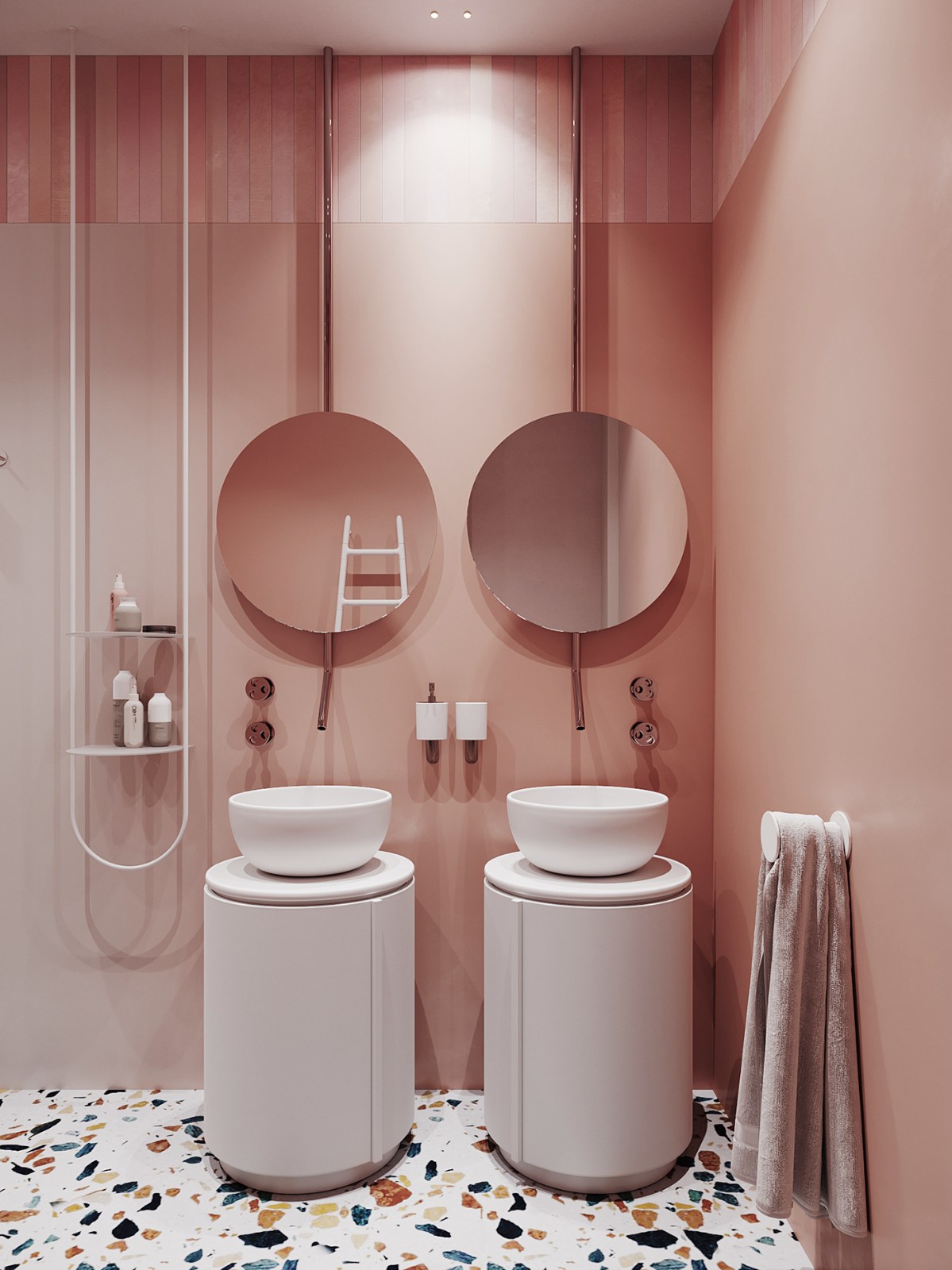 粉色背景下，洗手台的设计恰到好处的丰富了视觉感受，演绎出北欧质感。