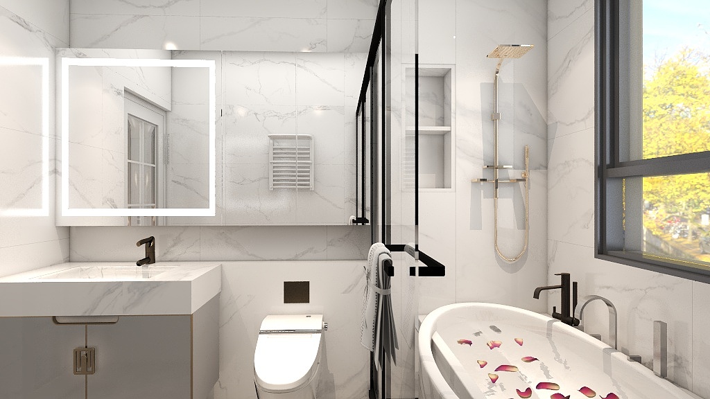 卫浴空间以简约风格为主题，浴室兼具淋浴和浴缸，日常生活舒适度高。
