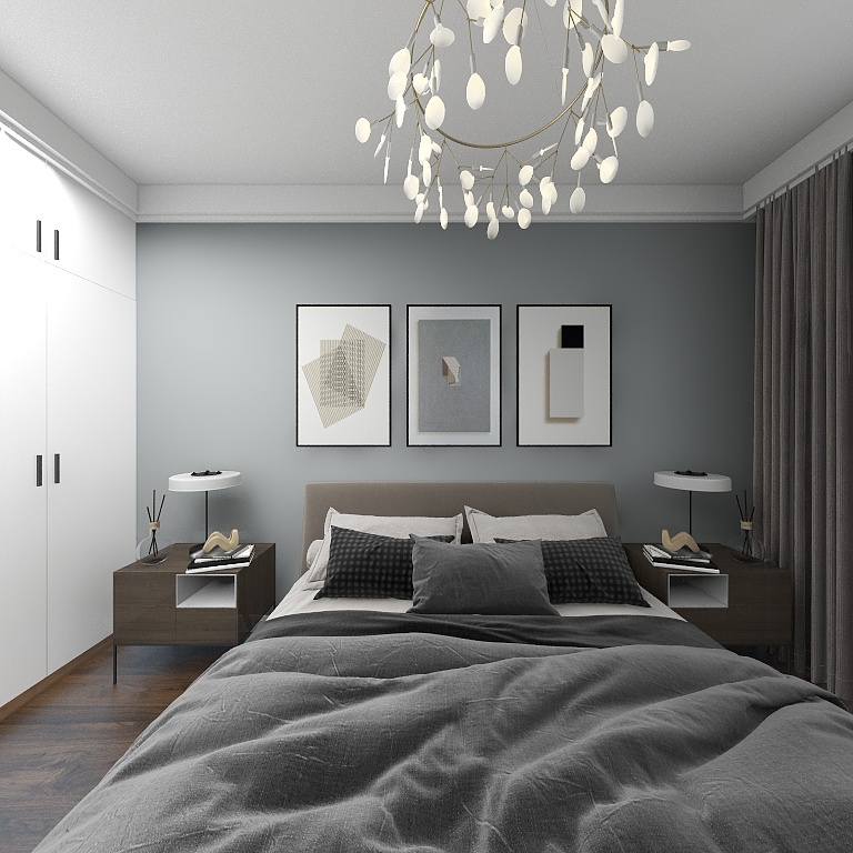 卧室使用冷色为背景墙，与床头墙的软包造型的结合下，为空间带来了一种别样静雅高级的空间氛围气息。