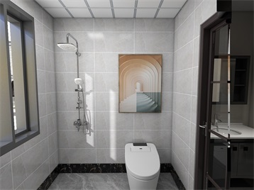 卫生间洗手池外移，艺术画凸显空间层次感，体现了卫浴空间的优雅气质感。