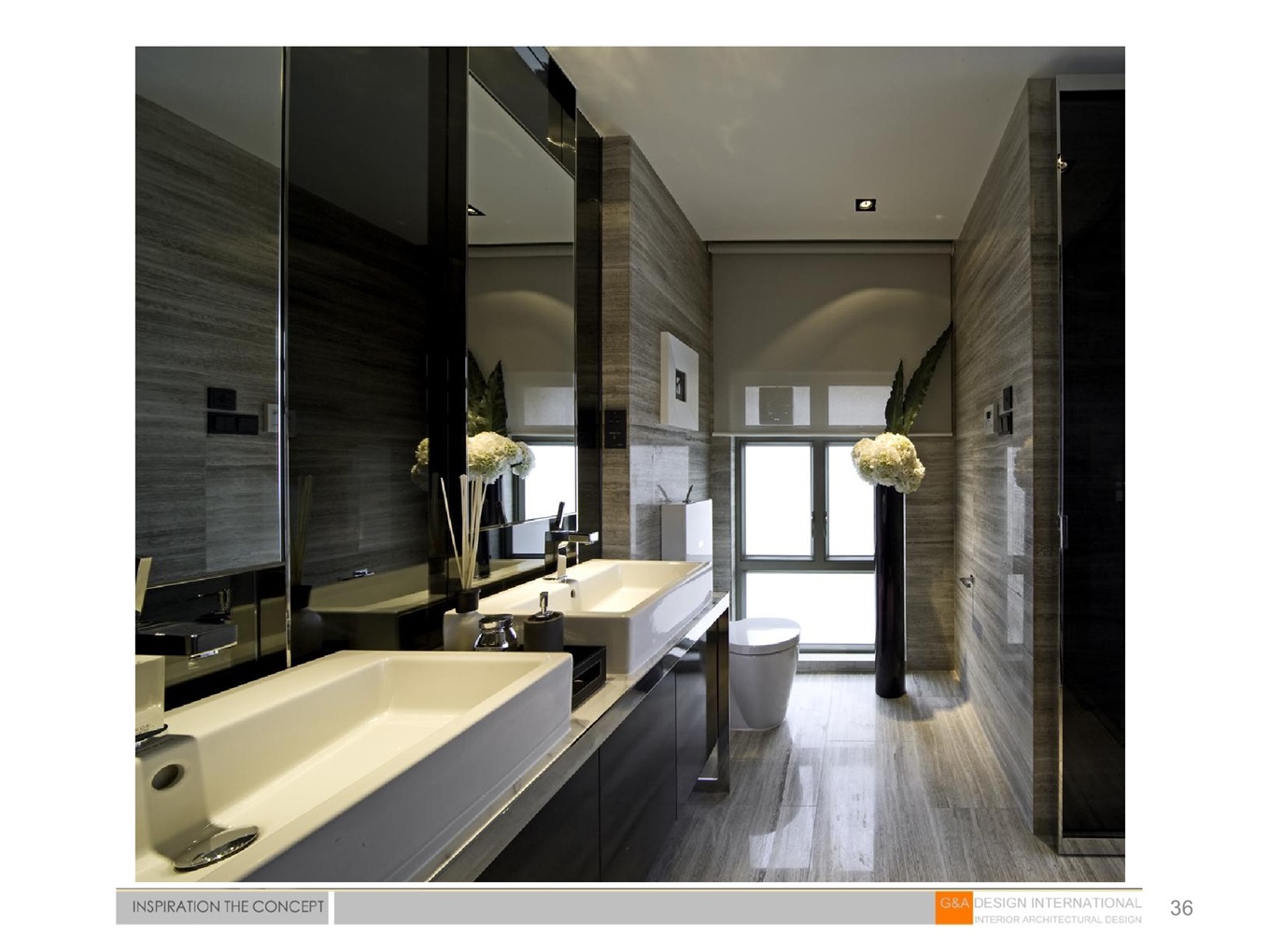 卫生间地面瓷砖采用灰色，搭配白色洁具整体显得协调有质感，视觉效果干净清爽。