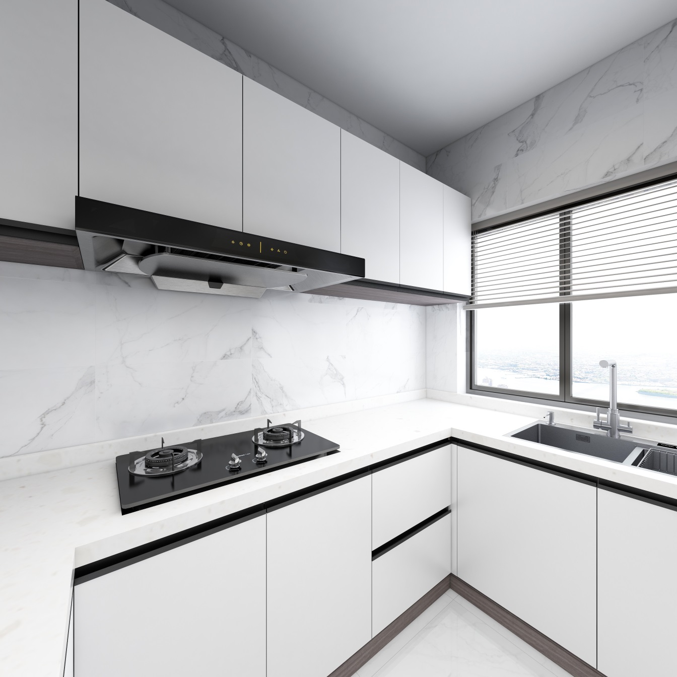 厨房以白色为基调，白色橱柜使空间更加明亮，整体空间充满了精致的气息。