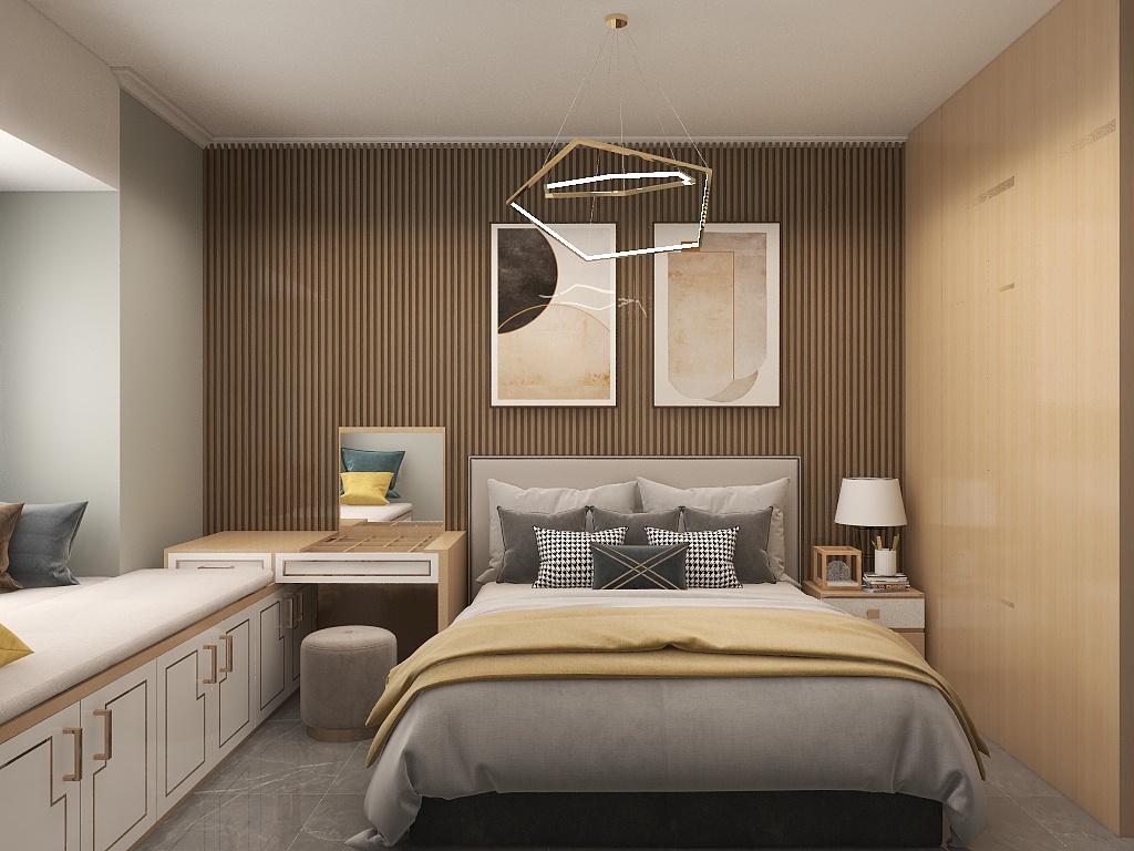 卧室为现代风格，木色背景墙设计沉着稳重，写字台见缝插针，提升了空间利用率。