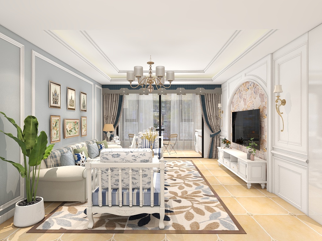 客厅整体以白色和蓝色为基调，电视背景整体为白色，空间的层次感强烈。