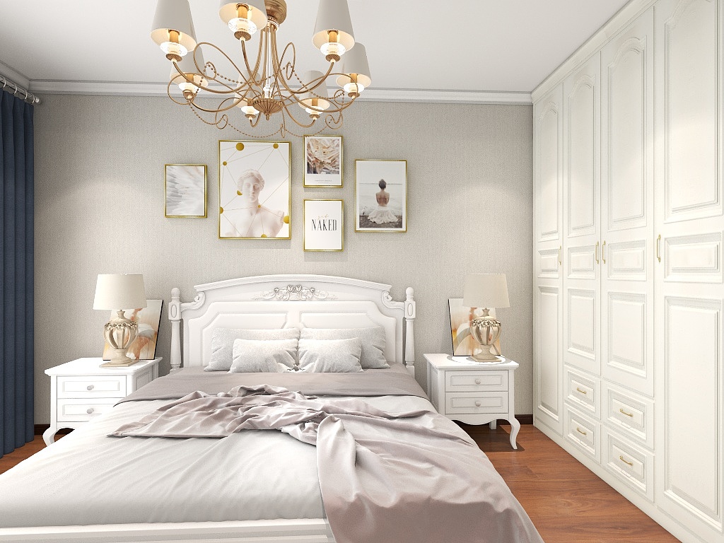 米色背景与白色欧式床架构建出唯美的欧式氛围，加之艺术挂画点缀，使空间多了生动与活力。