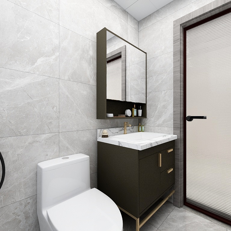 卫生间采用灰色为背景，洗手台少许轻奢装饰，打造出一个精致的卫浴氛围。