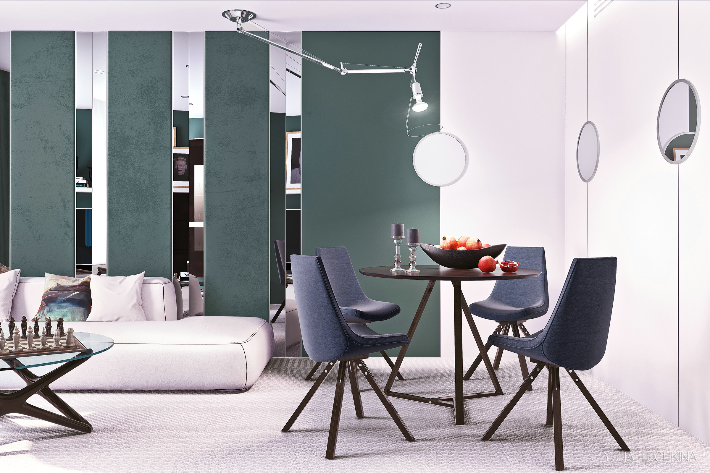 墨绿色空间中加入白色背景及紫色餐椅，丰富了空间的色彩，让餐厅变得更有精致感。