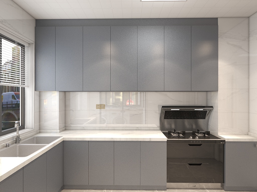 雾霾蓝橱柜平静安逸，强化了厨房生活的舒适感，动线设计合理完整。