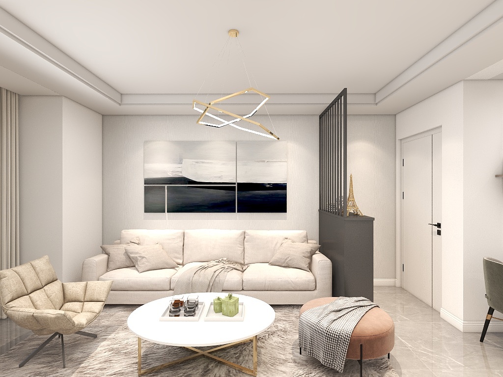 白色主题空间展现了客厅的大气和简洁，玄关隔断利于风水之余，提升了客厅的私密度。