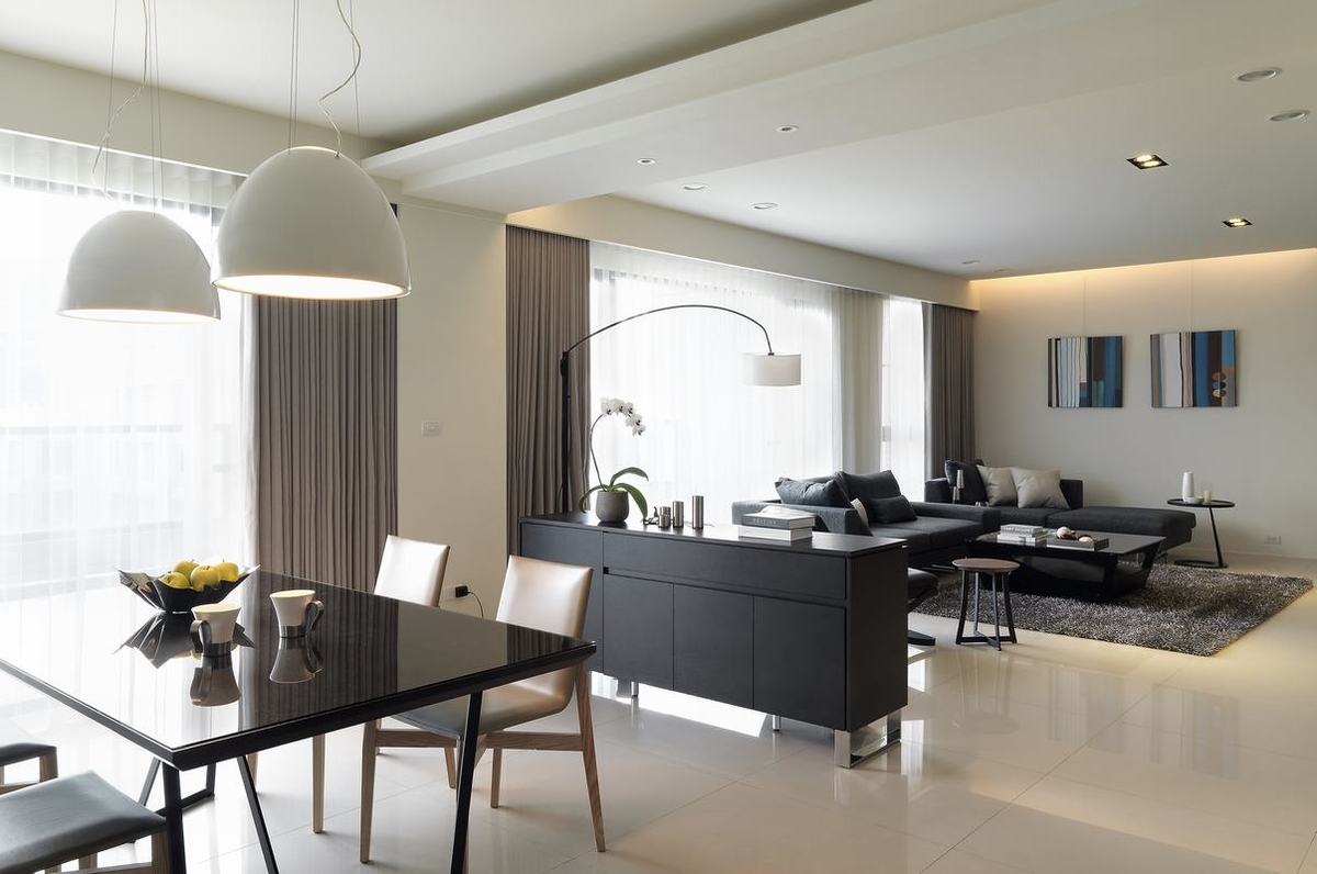 地柜作为空间隔断，划分了客厅与餐厅，融合了对美式与现代风格的精华。