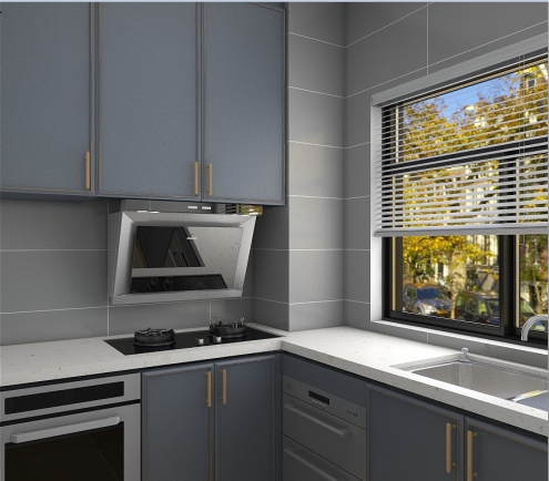 蓝灰色的橱柜搭配上白色的台面,简洁之中有一抹淡淡的清新优雅贵气感.