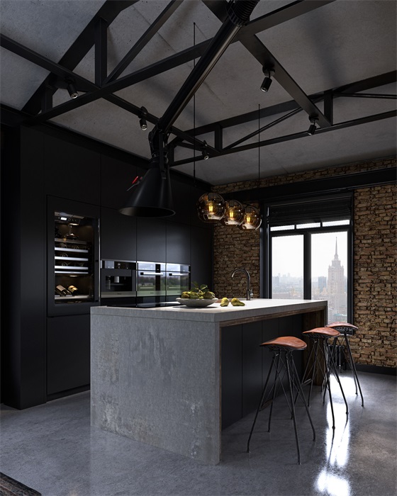 黑色立面的厨房带来工业美感，也奠定空间更理性、更松弛的烹饪基调。