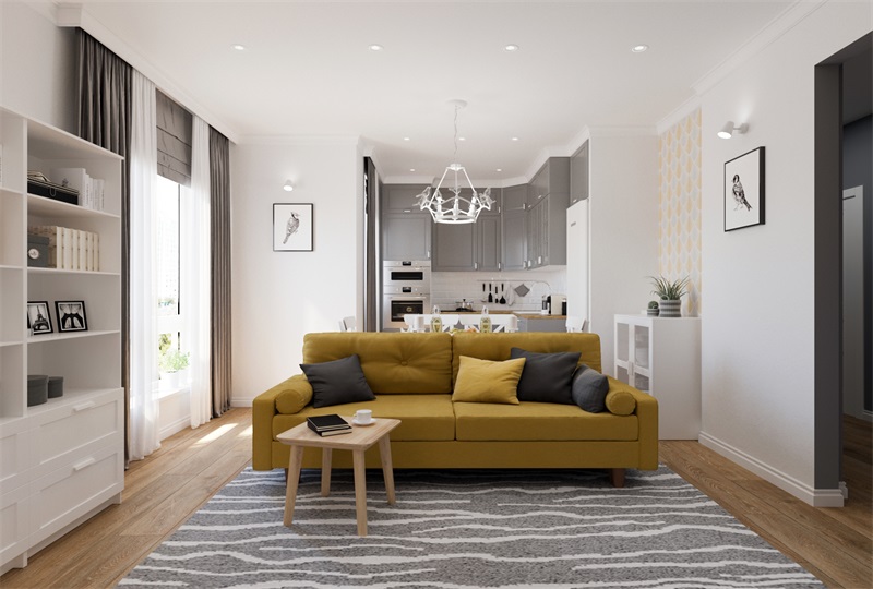 客厅中，黄色沙发搭配灰色地毯，北欧格调得到渲染，每个细节的设计都很到位。