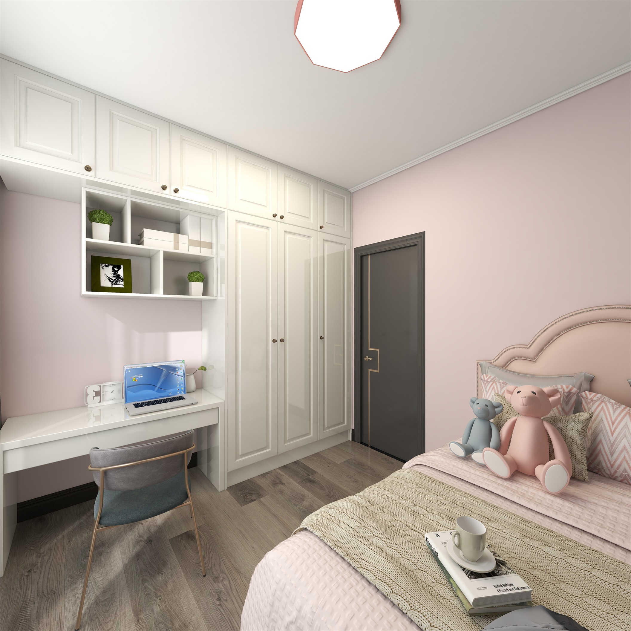 儿童房以粉色为主基调，一体式衣柜优雅大气，使空间达到沉稳而美妙平衡。