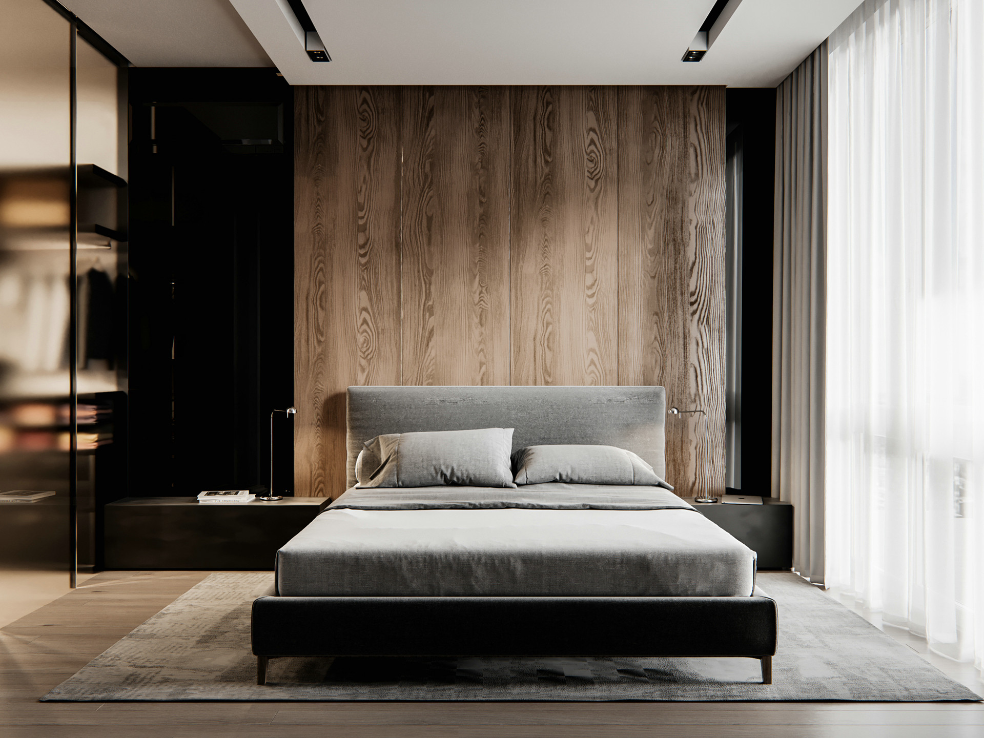 卧室整体以木质为空间基调，搭配灰色床品，营造出独特的温馨空间感。
