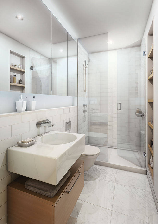 卫生间以白色为背景，背景墙的分层设计让原本单调的空间富有质感。