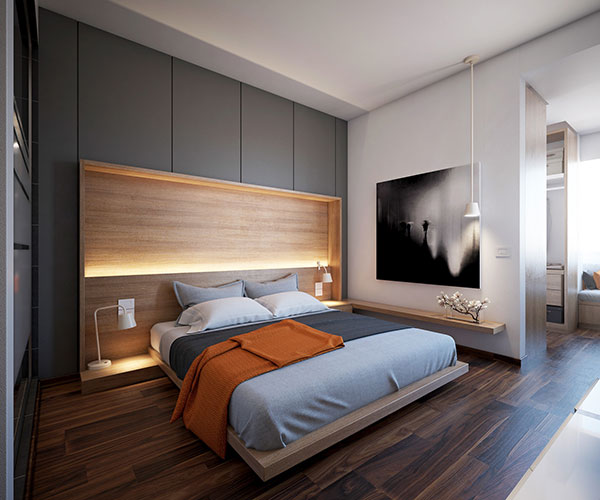 卧室以灰色为主基调，背景墙明暗交错，光影重叠，层次与联结得以充分感受。