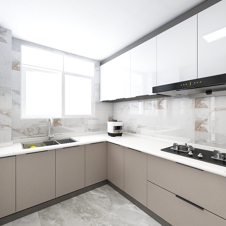 厨房配色十分简单，白色吊柜与米色橱柜描绘出简洁素雅的空间语言。