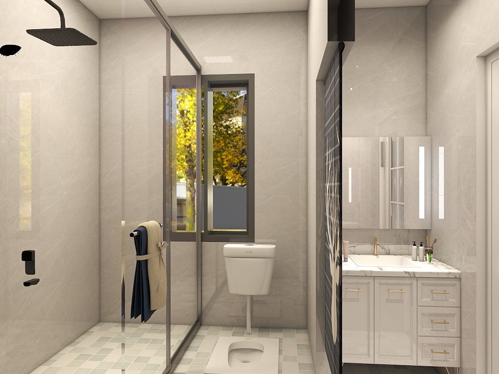 卫浴空间采用了三式分离设计，玻璃材料打造的淋浴房，不影响空间采光。