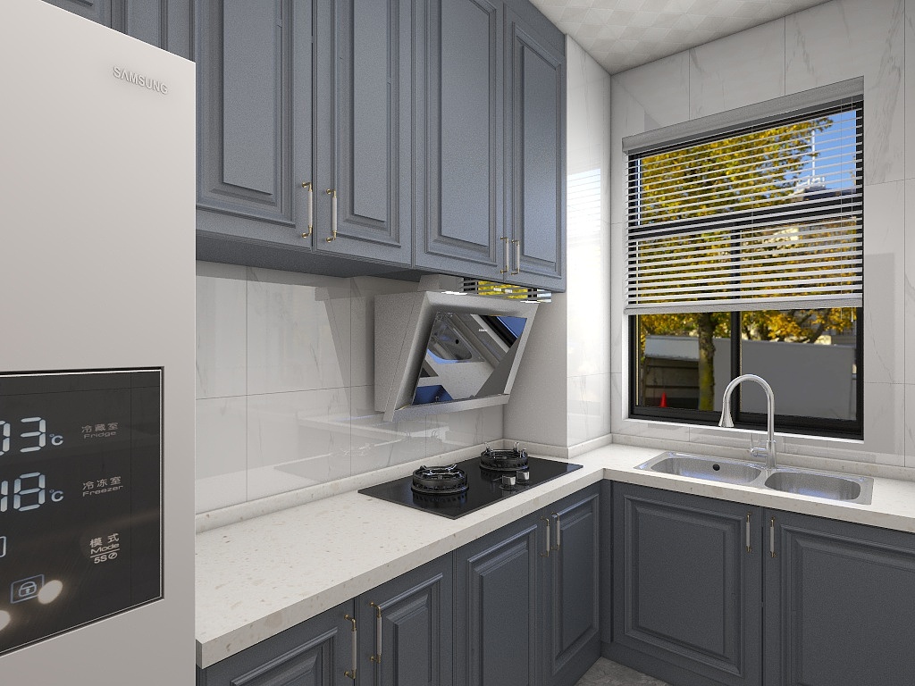 蓝色橱柜与白色工作台使整个空间低调又不失精致感，厨房动线设计合理。