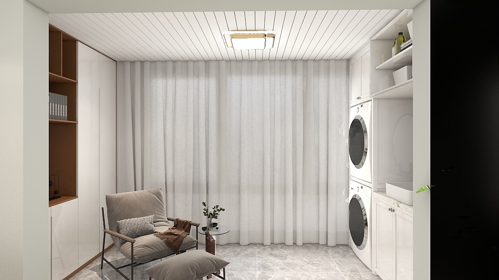 客厅的阳台设计为现在非常流行洗衣房，利于客厅内部的布置和延展。