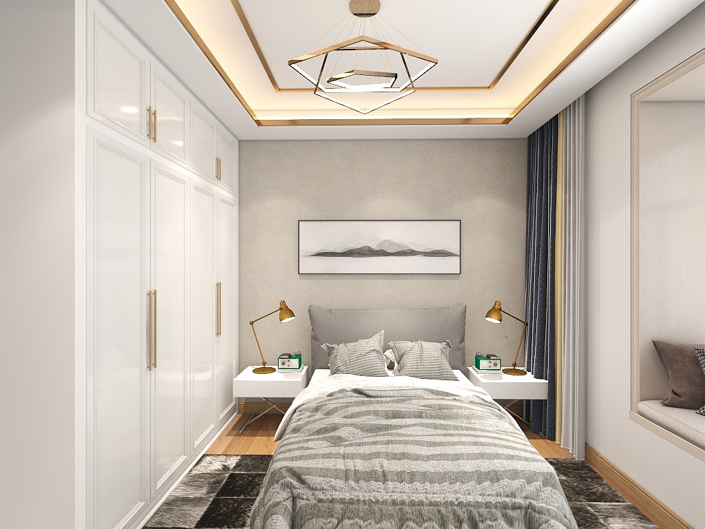 侧卧以米色为主调，床头灯具对称放置，衣柜线条流畅，营造出一个简单纯粹的睡眠空间。