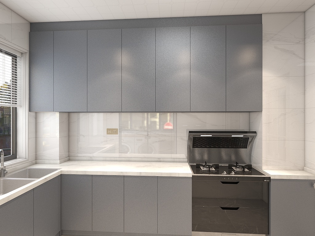 橱柜以蓝色为主基调，蓝色+白色的配色方式使厨房空间干净明朗。