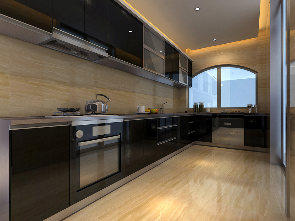 厨房空间以黑色和米色为主，搭配筒灯的烘托，给人以优雅时尚的烹饪氛围。