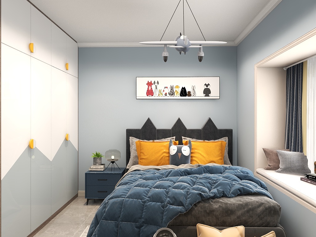 儿童房以蓝色为基调，丝绒床品增添室内档次，局部亮色点缀，营造出浓郁温馨的空间气氛。