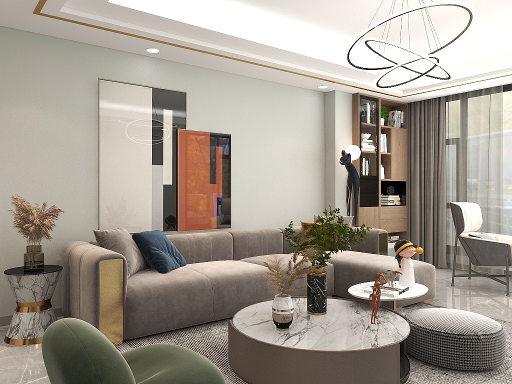 客厅以浅绿色与白为主色调，搭配灰色沙发，整个空间散发出独特的慵懒和高级感。