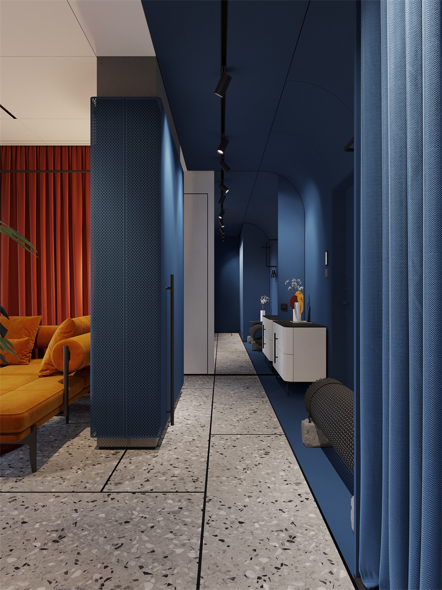 玄关处增加了玄关柜作隔断，蓝色色调显现出设计感和艺术感，赋予空间时尚感。