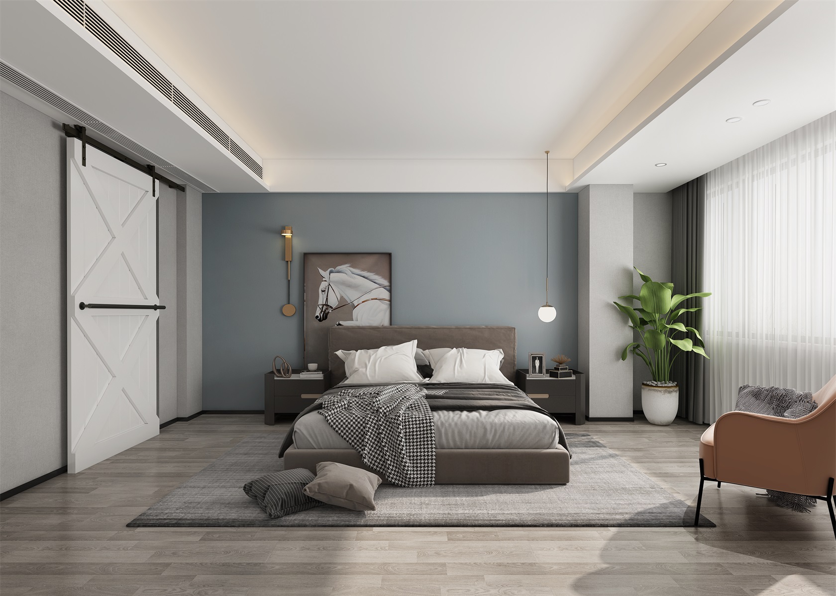 主卧背景墙使用了蓝色，搭配暖褐色的床头设计，营造沉稳高雅的氛围。